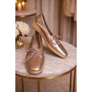 David Tate Gold Metallic Loafers Lace-Up Jute Sole Comfort Shoes 9.5M Casual